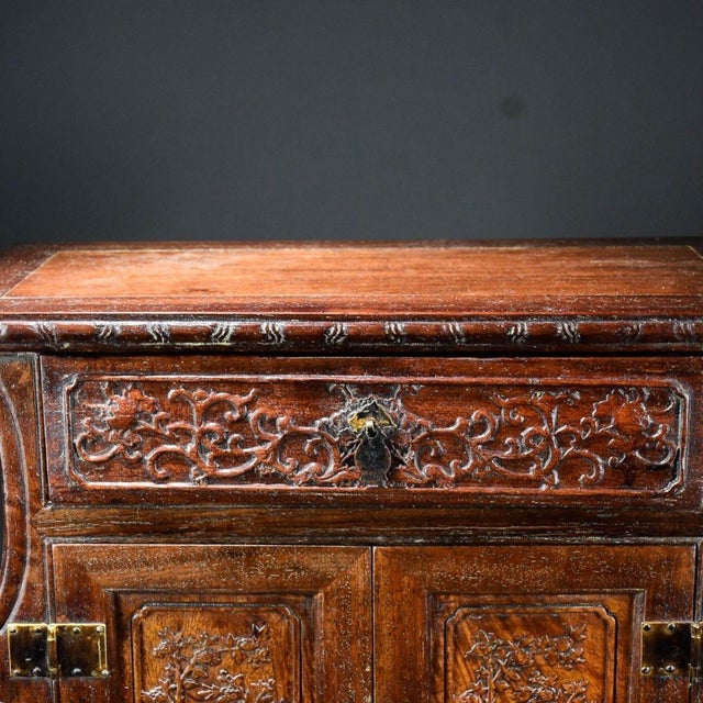 Vintage African Padauk Rosewood Carved "Vases & Flowers" Cabinet With Drawer For Sale - Image 4 of 9