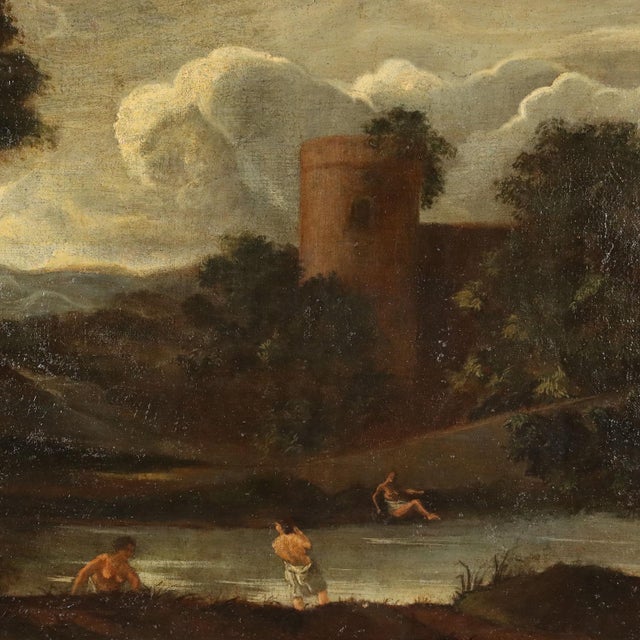 Italian School Artist, Landscape Painting with Buildings and Bathers, 18th Century, Oil Painting on Canvas, Framed For Sale - Image 3 of 13