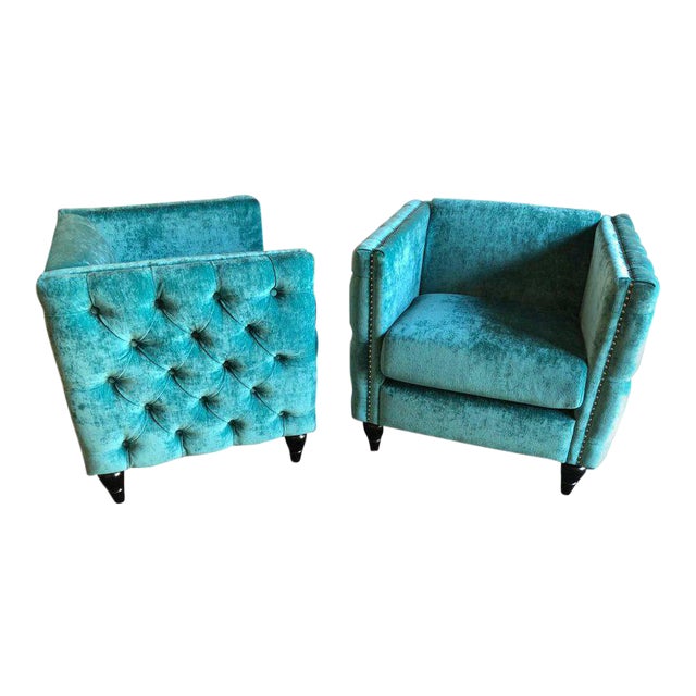 Mid Century Modern Style Teal Tufted Oversized Box Form Armchairs A Pair Chairish
