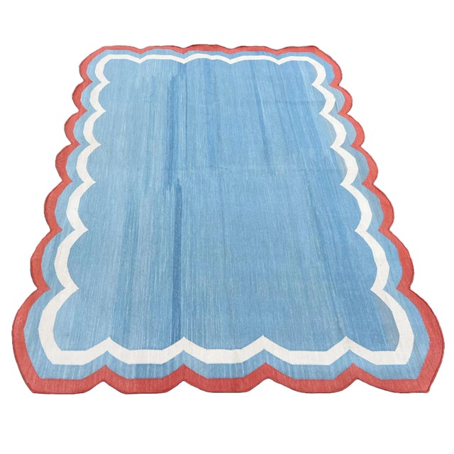 Handmade Cotton Area Rug, Sky Blue Scalloped With Terracotta Border - 12'x15' For Sale - Image 9 of 10