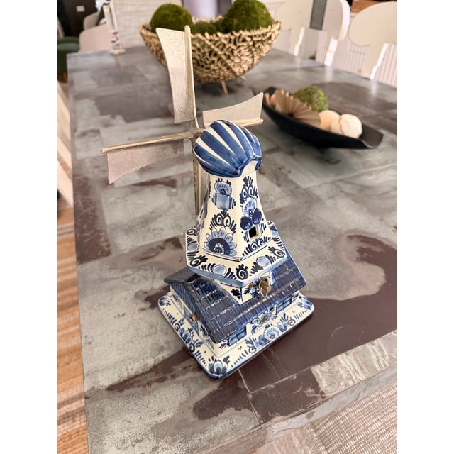 Metal Vintage Delft Blue Dutch Windmill Working Music Box | Hand-Painted Ceramic | Made in Holland | Pewter Sails For Sale - Image 7 of 9