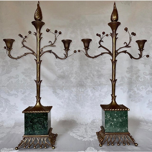 Chapman Regency Antique Brass & Marble Candle Holders (2) Model #63073A Regency Designed in 1997 Cast brass & Green...