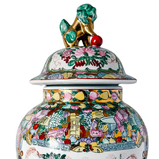 Ceramic Large Vintage Chinese Rose Medallion Temple Jar With Gold & Green Foo Dog Lid 19" For Sale - Image 7 of 10