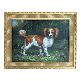 Vintage Gilt Framed King Charles Spaniel Oil on Canvas Dog Portrait Painting by Listed Artist W. Coter in the Manner of George Stubbs For Sale