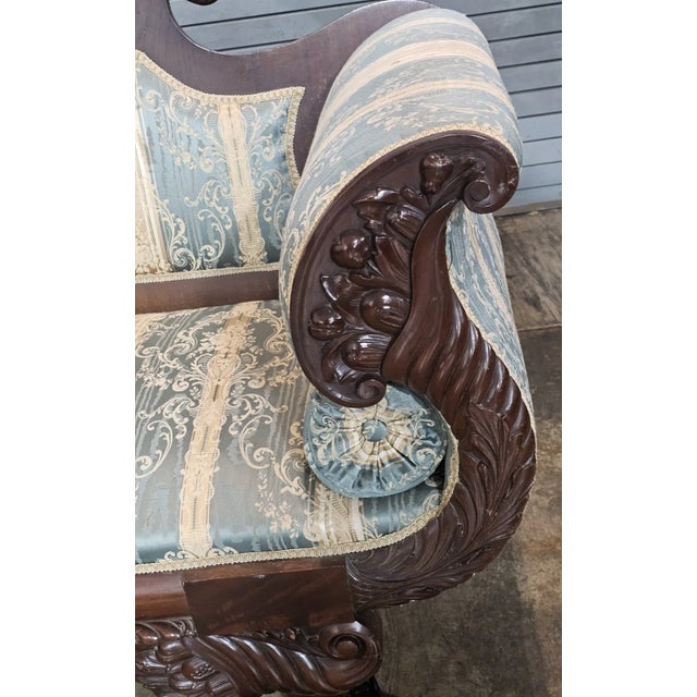 Antique American Empire Style Carved Mahogany Sofa Paw Feet Wedgewood Fabric For Sale - Image 4 of 12