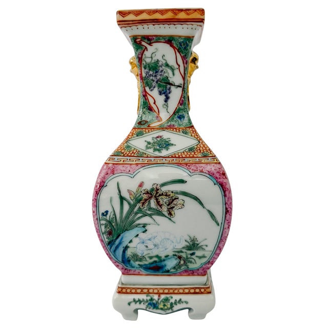 Vintage Chinese Famille Rose Petite Square Baluster Vases With Removable Stands - Pair For Sale - Image 12 of 18