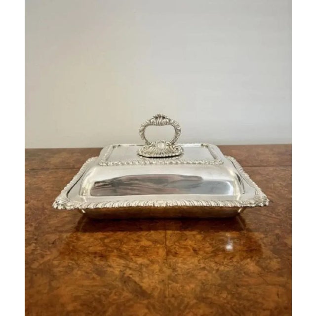 Antique Edwardian quality ornate silver plated rectangular entrée dish having a quality rectangular silver plated entrée...