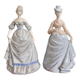 Pair of Vintage Victorian Lady Porcelain Figurines in Blue Gowns, 9.5” Tall For Sale