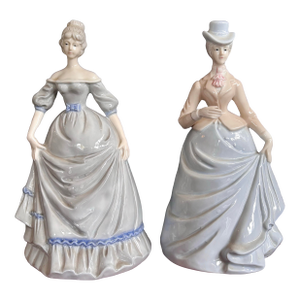Pair of Vintage Victorian Lady Porcelain Figurines in Blue Gowns, 9.5” Tall