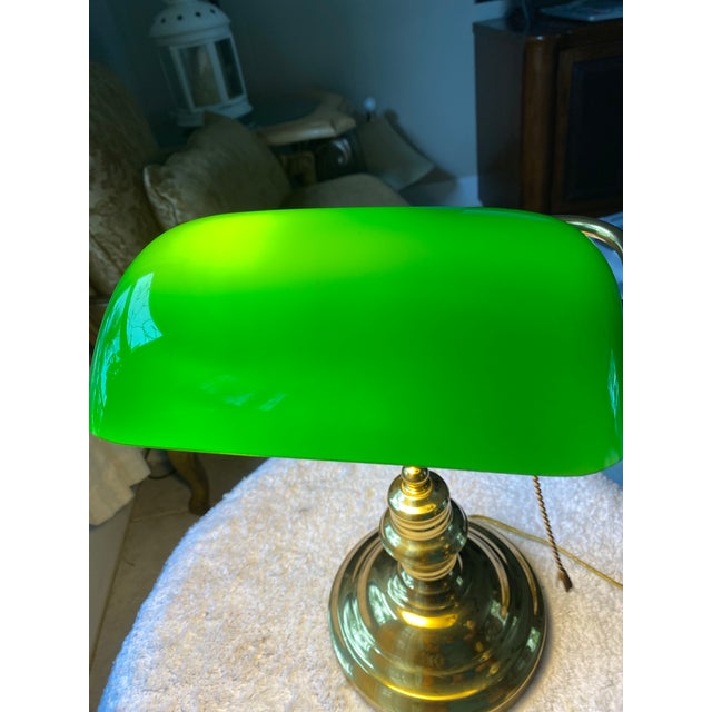 American Vintage Green Glass Banker’s Desk Lamp, Brass Finish, Adjustable Arm, Classic Library Table Lamp, Mid-Century Traditional Style For Sale - Image 3 of 12