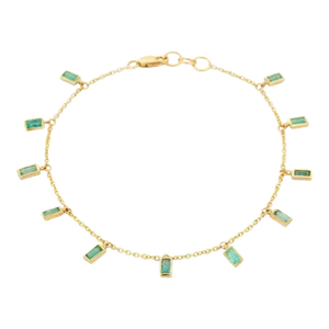 Natural Baguette Cut Emerald Dangling Charm Bracelet in 18k Solid Yellow Gold