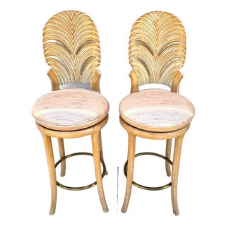 Vintage Venetian Grotto Style Carved Wood Palm Leaf Barstools Set of 2 For Sale