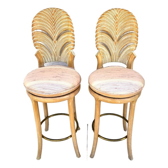 Vintage Venetian Grotto Style Carved Wood Palm Leaf Barstools Set of 2 For Sale