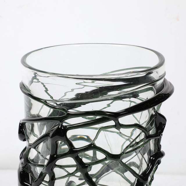 Hand-Blown Murano Glass Vases With Organic Viridian Green Sculptural Striations For Sale - Image 11 of 12