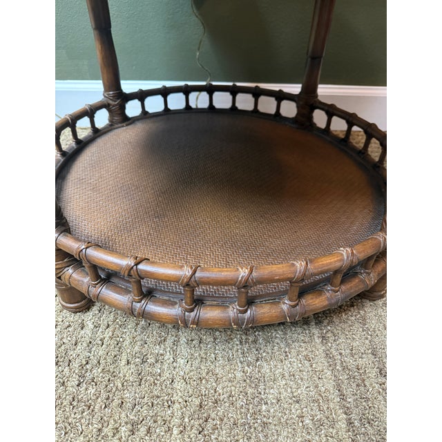 Wood Vintage Rattan Three Tiered Round Side Table or Bar Cart in the Style of McGuire, 1980’s For Sale - Image 7 of 9