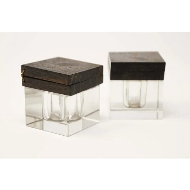 Art Deco Art Deco Inkwells in Macassar Wood and Crystal, Jacques Adnet Style For Sale - Image 3 of 13