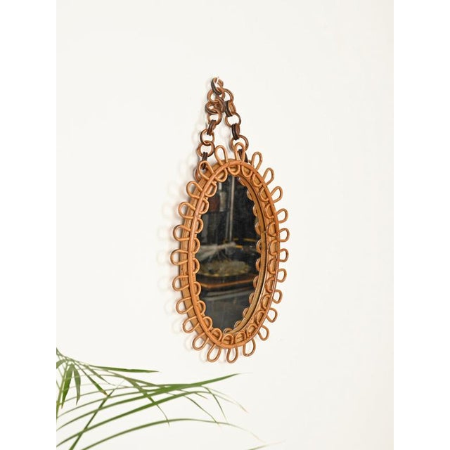 Franco Albini Small Oval Mirror with Chain in Rattan and Bamboo by Franco Albini, Italy, 1960s For Sale - Image 4 of 9