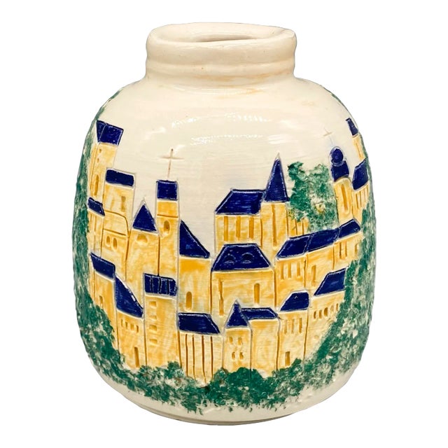 1990's Signed Studio Pottery Off-White Vase With Church and Trees For Sale