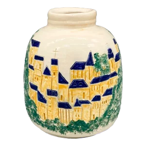 1990's Signed Studio Pottery Off-White Vase With Church and Trees