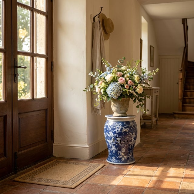 Ceramic Distressed Blue & White Porcelain Round Butterflies Stool Side Table For Sale - Image 7 of 7