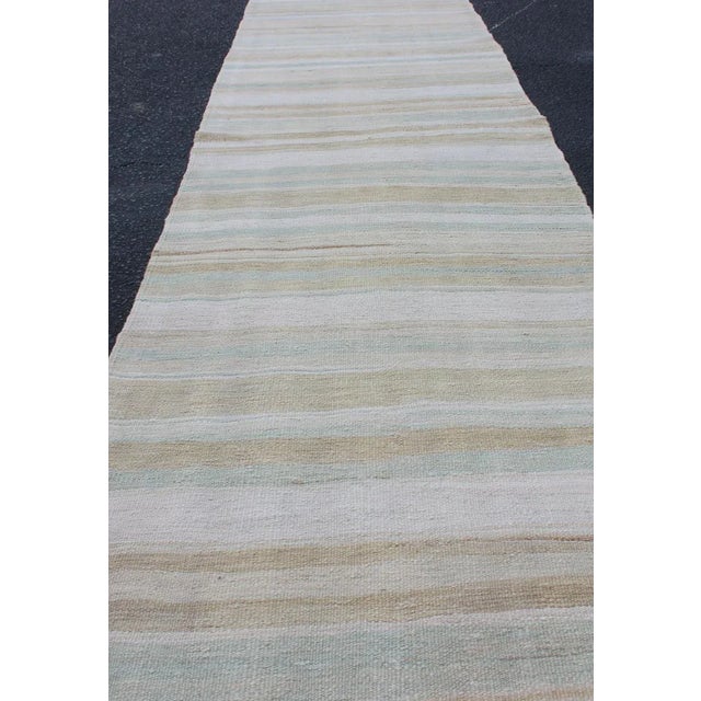 Textile Vintage Turkish Flat-Weave Runner With Stripe Design Cream, Tan, Taupe, and Light Green For Sale - Image 7 of 12