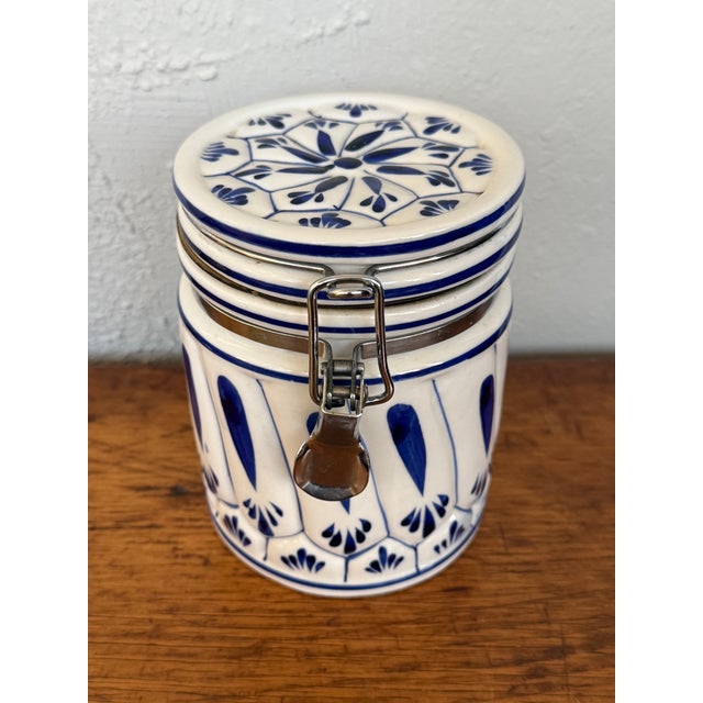 Blue Late 20th Century Hand Painted Blue and White Delft Style Canister With Latch Lid For Sale - Image 8 of 8