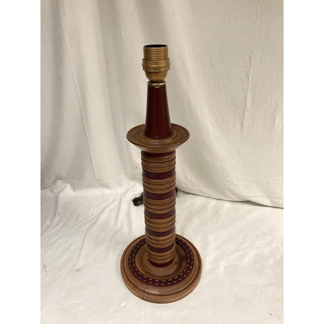 Brown Leather and Wood Covered Lamps by Jacques Adnet, 1950 For Sale - Image 8 of 10