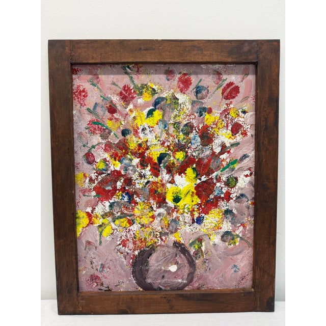 A bold and energetic vintage floral still life rendered in thick, expressive impasto brushwork and vibrant color. This...