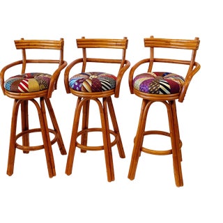 Vintage Bentwood Bar Stools With Necktie Covered Seats - Set of 3 For Sale