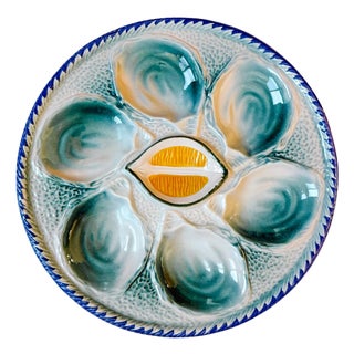 1960s French Saint Clément Majolica Green & Yellow Lemon Wedge Oyster Plate For Sale