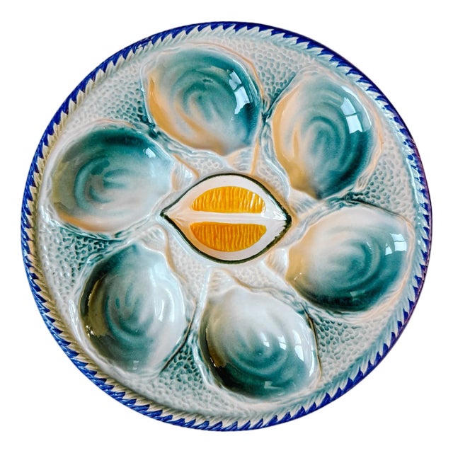 1960s French Saint Clément Majolica Green & Yellow Lemon Wedge Oyster Plate For Sale