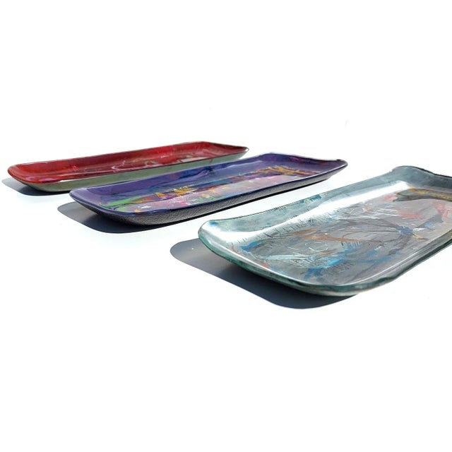 Mid-Century Italian Abstract Paint Curved Crystal 3 Plates by Erwin Burger, 1950s, Set of 3 For Sale - Image 6 of 13