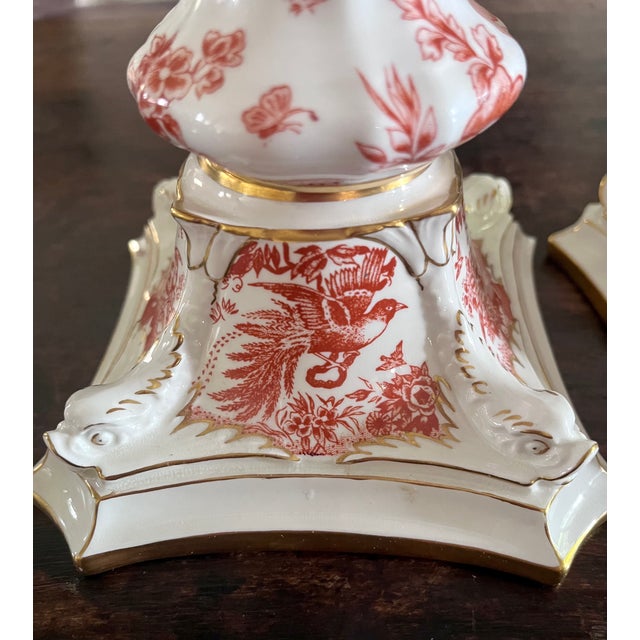1980s 1981 Royal Crown Derby "Red Aves" Fine Bone China Candlesticks - A Pair For Sale - Image 5 of 18