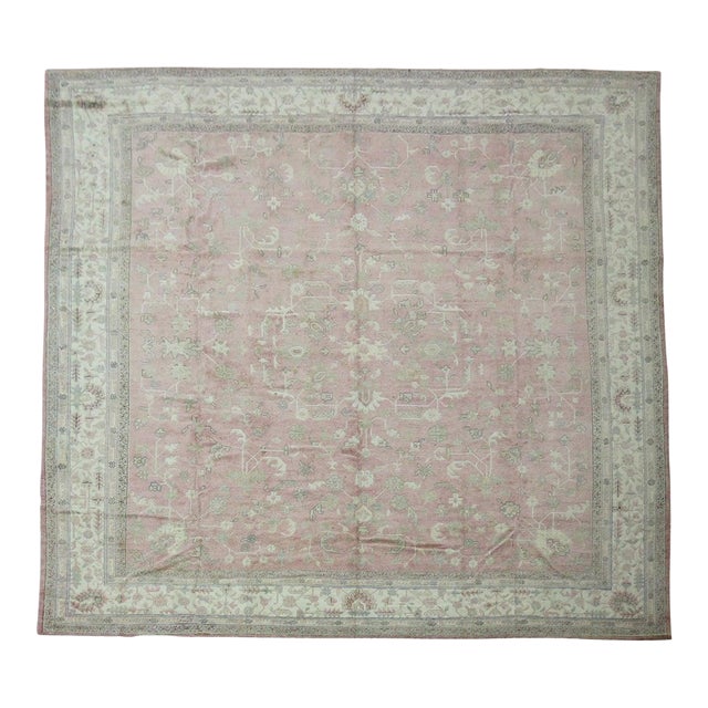 Pink Square Antique Turkish Oushak Square Rug - 11'10" x 12'5" For Sale