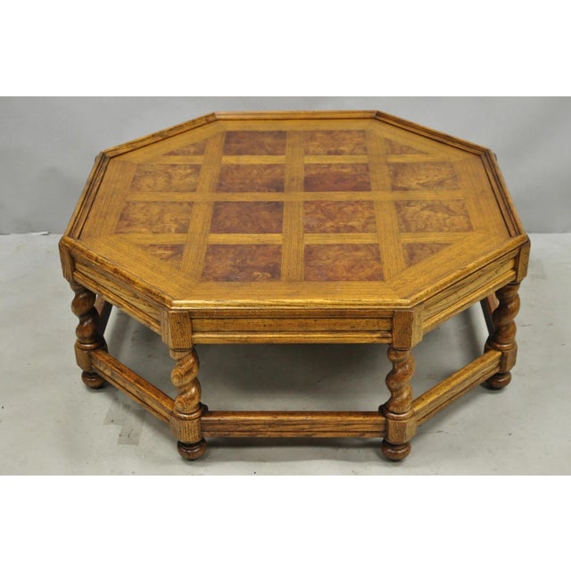 Mid 20th Century Vintage Baker Barley Twist Oak & Burlwood Parquetry Octagonal Coffee Table For Sale - Image 5 of 17