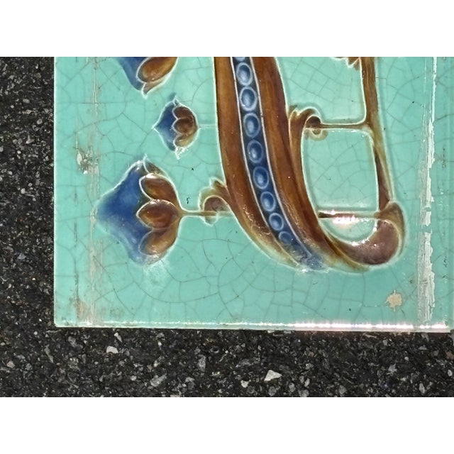 Early 20th C. English - Market Turquoise / Old Gold Ceramic Tile For Sale - Image 6 of 7