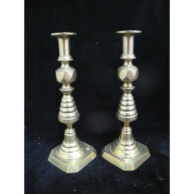 Brass Antique English Brass Beehive & Diamond 14" Candle Holder Candlesticks For Sale - Image 8 of 10
