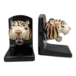 1980s Fitz and Floyd Tiger Head Bookends For Sale