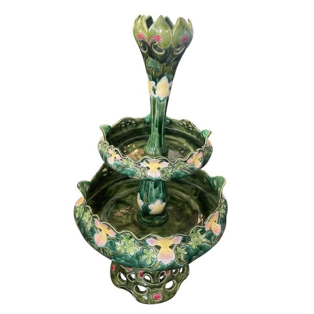 Art Nouveau A Vintage Majolica Tiered Pottery Centerpiece, 20th Century For Sale - Image 3 of 12