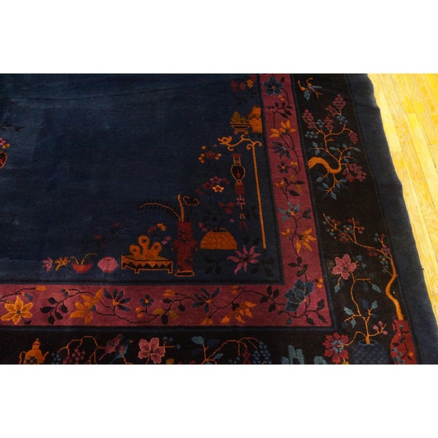 1920s Antique Navy Floral Oriental Chinese Art Deco Rug in Mandarin Quality For Sale - Image 10 of 11