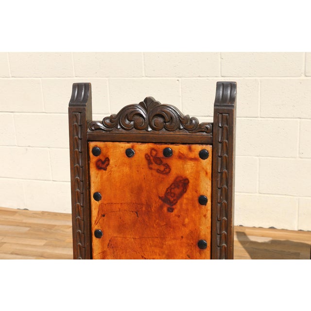 Set of 6 Spanish Revival Carved Wood & Tan Leather Dining Chairs For Sale In Los Angeles - Image 6 of 18