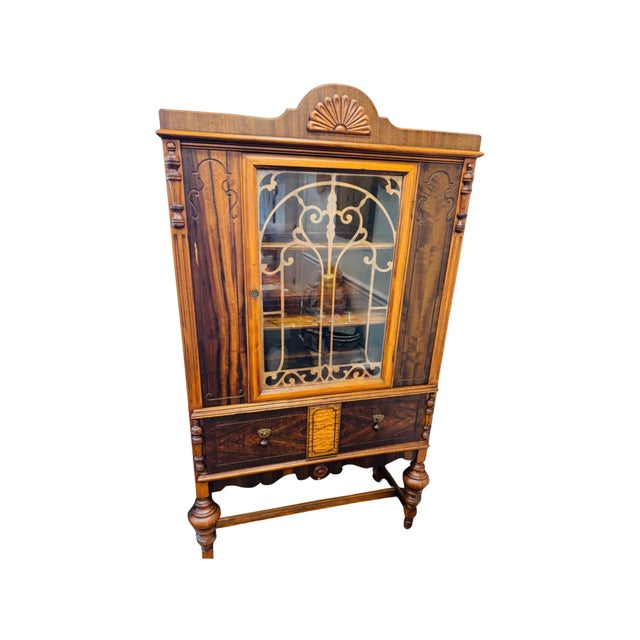 Brown Antique Jacobean Style Display Cabinet With Leaded Glass For Sale - Image 8 of 9
