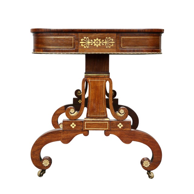 Regency Rosewood and Brass Inlaid Writing Table For Sale In Boston - Image 6 of 13