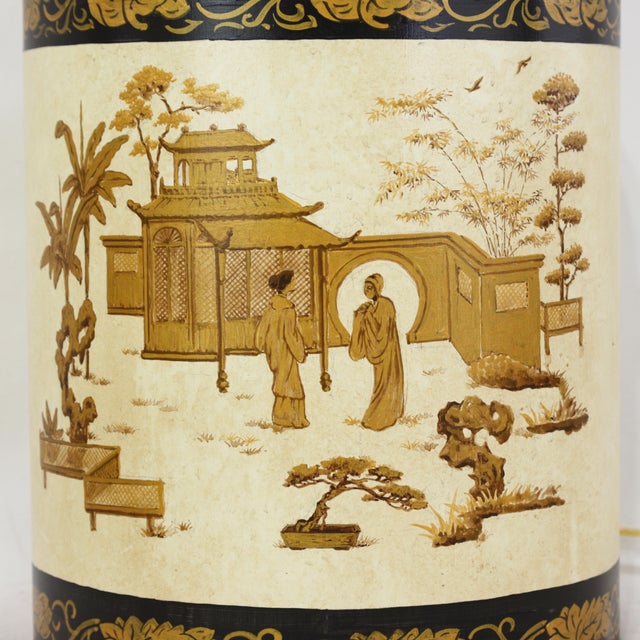 A Pair English Export Hexagonal Tea Caddy Hand-Painted Chinoiserie Landscape Table Lamp For Sale - Image 4 of 11