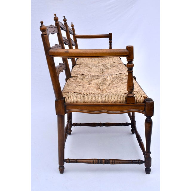 Vintage French Provincial Style Ladder Back Bench Rush Seat For Sale - Image 9 of 16