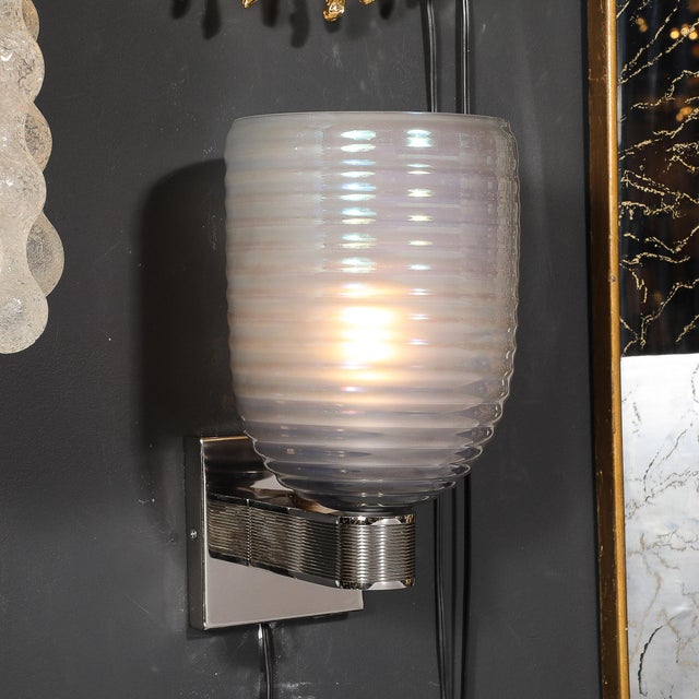 Cerulean Modernist Hand-Blown Smoked Cerulean Hive Murano Glass & Nickel Fitted Sconces For Sale - Image 8 of 12