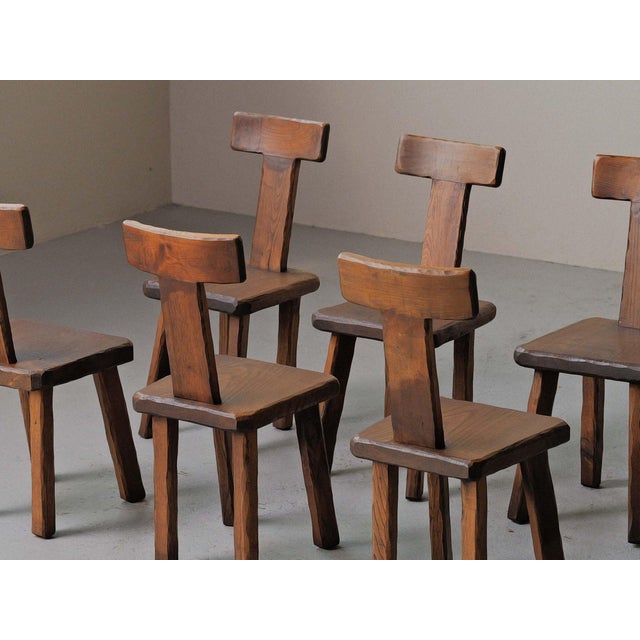 Vintage Brutalist Handcrafted Chestnut Chairs, France, 1970, Set of 6 For Sale - Image 17 of 18
