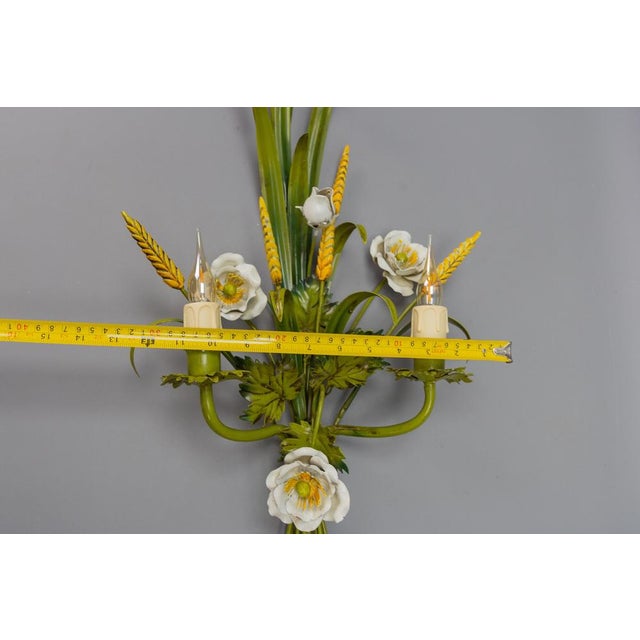 Italian Toleware White Poppy and Wheat Green Floral Bouquet Two-Light Sconce, 1960s For Sale - Image 11 of 18