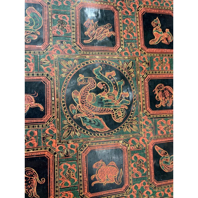 Early 20th Century Antique Black Red Burmese Lacquer Zodiac Tray For Sale - Image 5 of 17