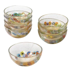 Set of 8 Mid-Century Modern Hand-Blown Murano Millifiori & 24k Gold Fleck Bowls